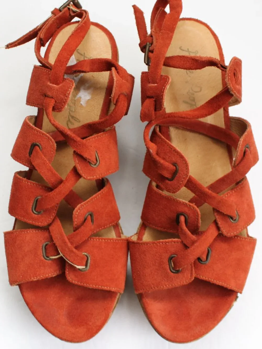 Free People Suede Lace-Up Sandals Platform Wedge in Rust Orange Size 37 / 7 US